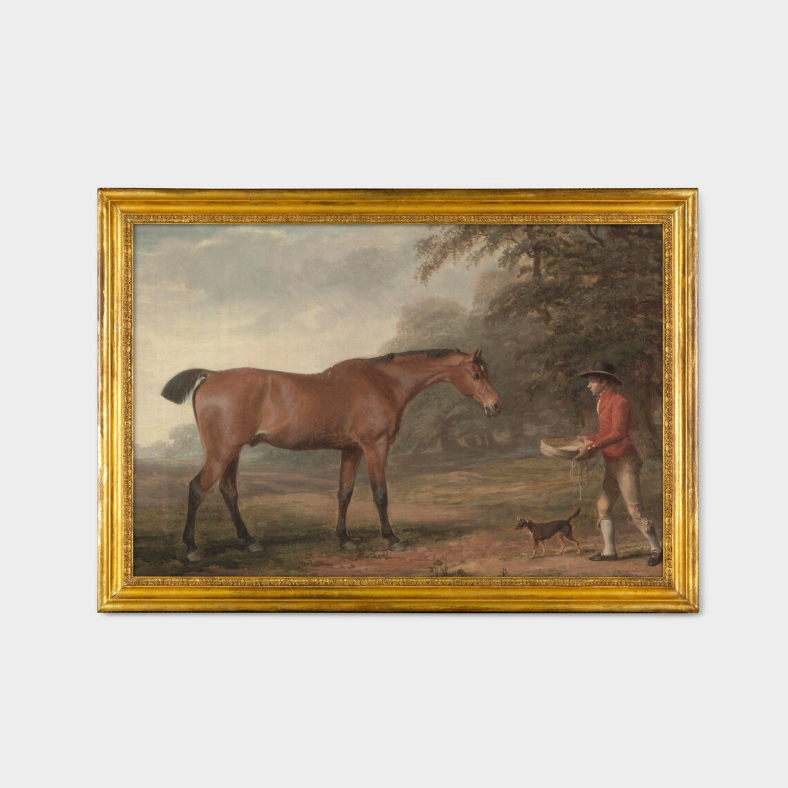 Bay Horse Fed by a Groom in Red Coat Vintage Equestrian Poster - Image 2