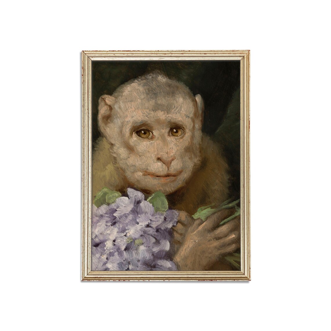 Monkey Holding Purple Flowers Close-Up Vintage Animal Art Poster - Image 3