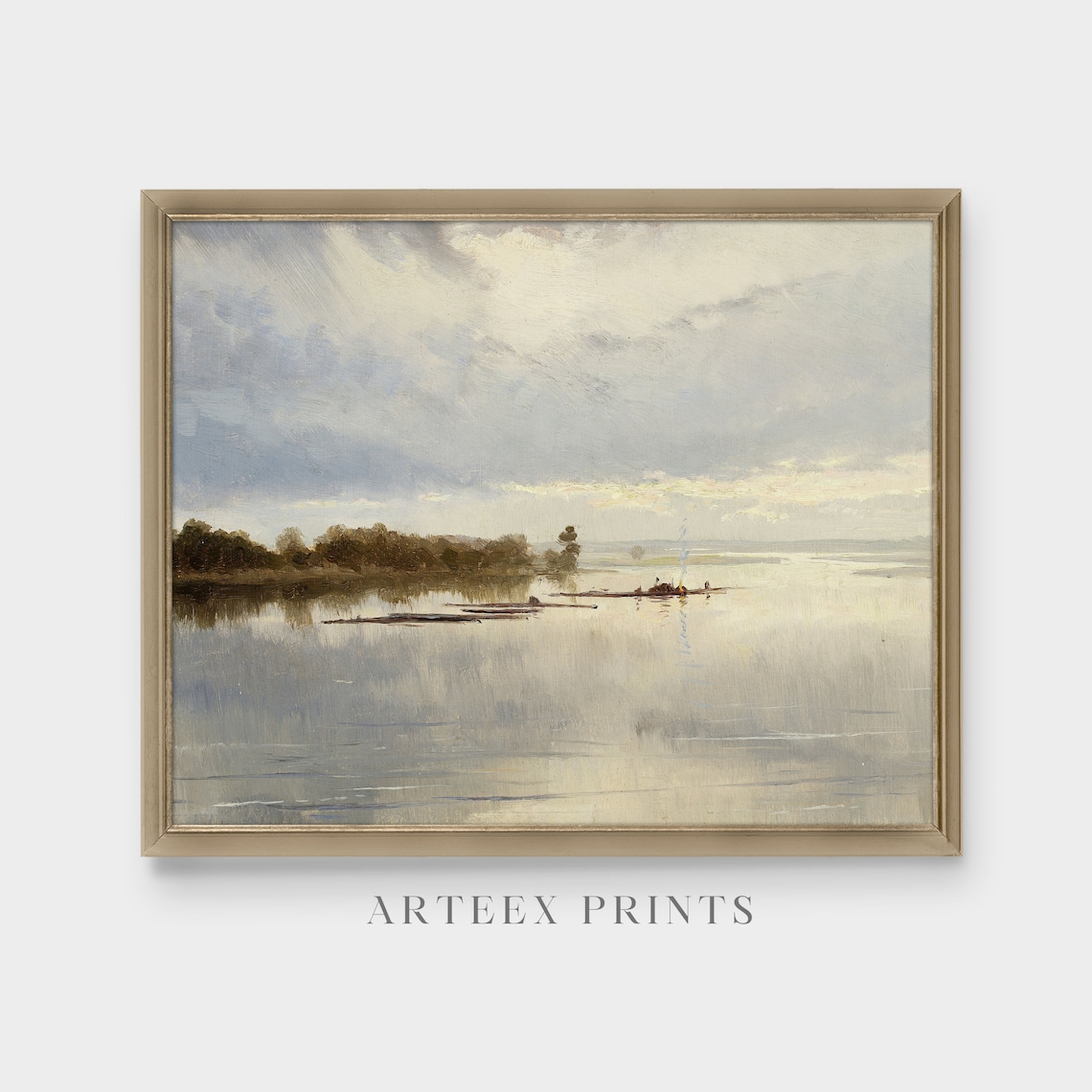 Wide Calm River with Fishermen Boats at Dawn Antique Landscape Poster - Image 3