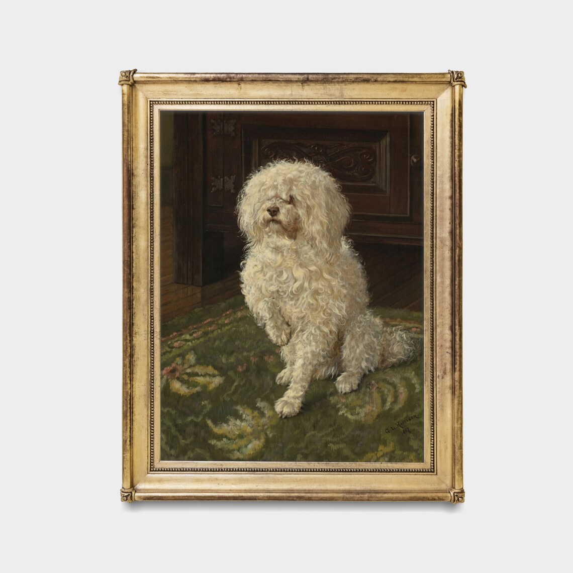 Fluffy White Curly Coated Dog Sitting on a Rug Portrait Poster - Image 3