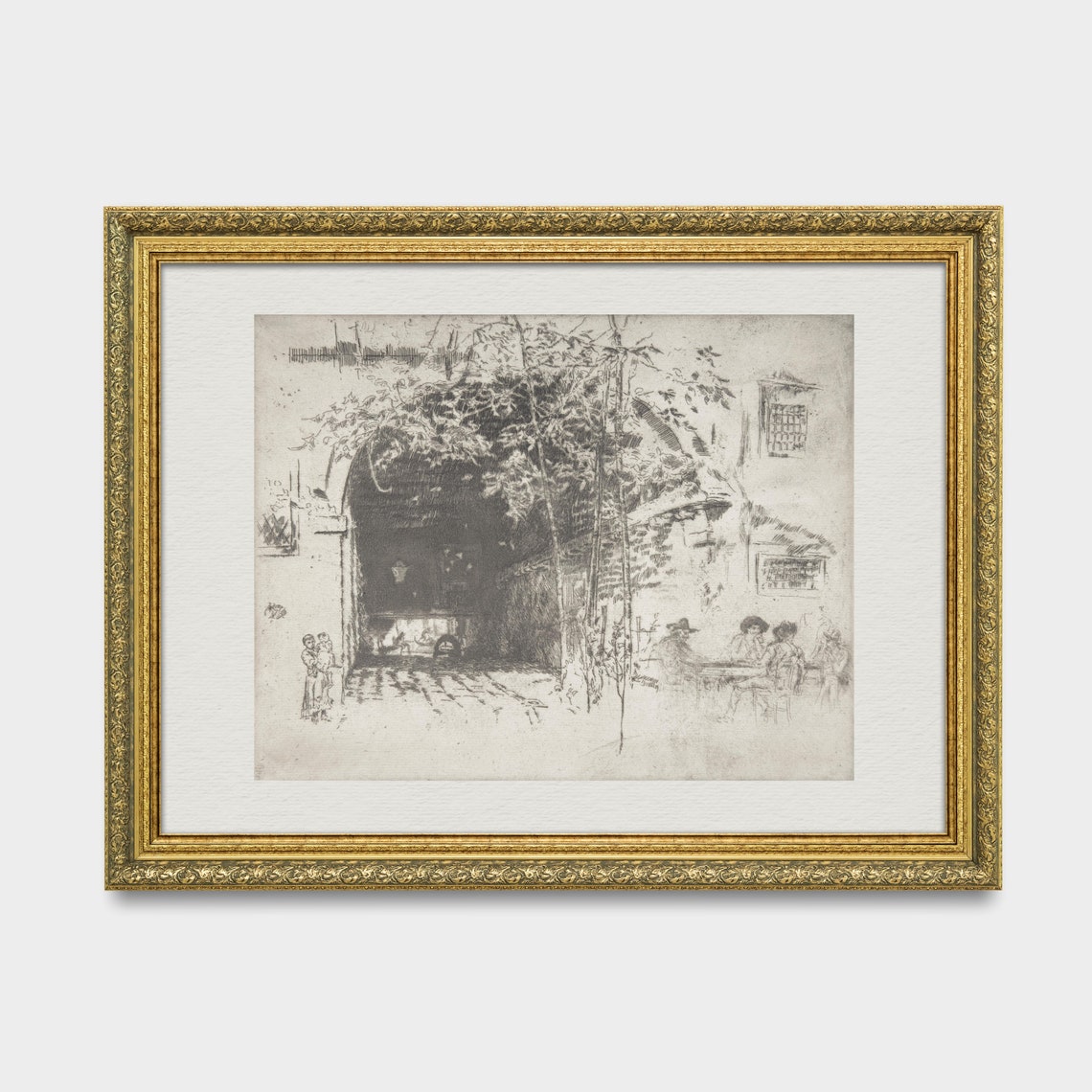 Arched Courtyard with Diners at Tables Vintage Etching Sketch Poster - Image 2