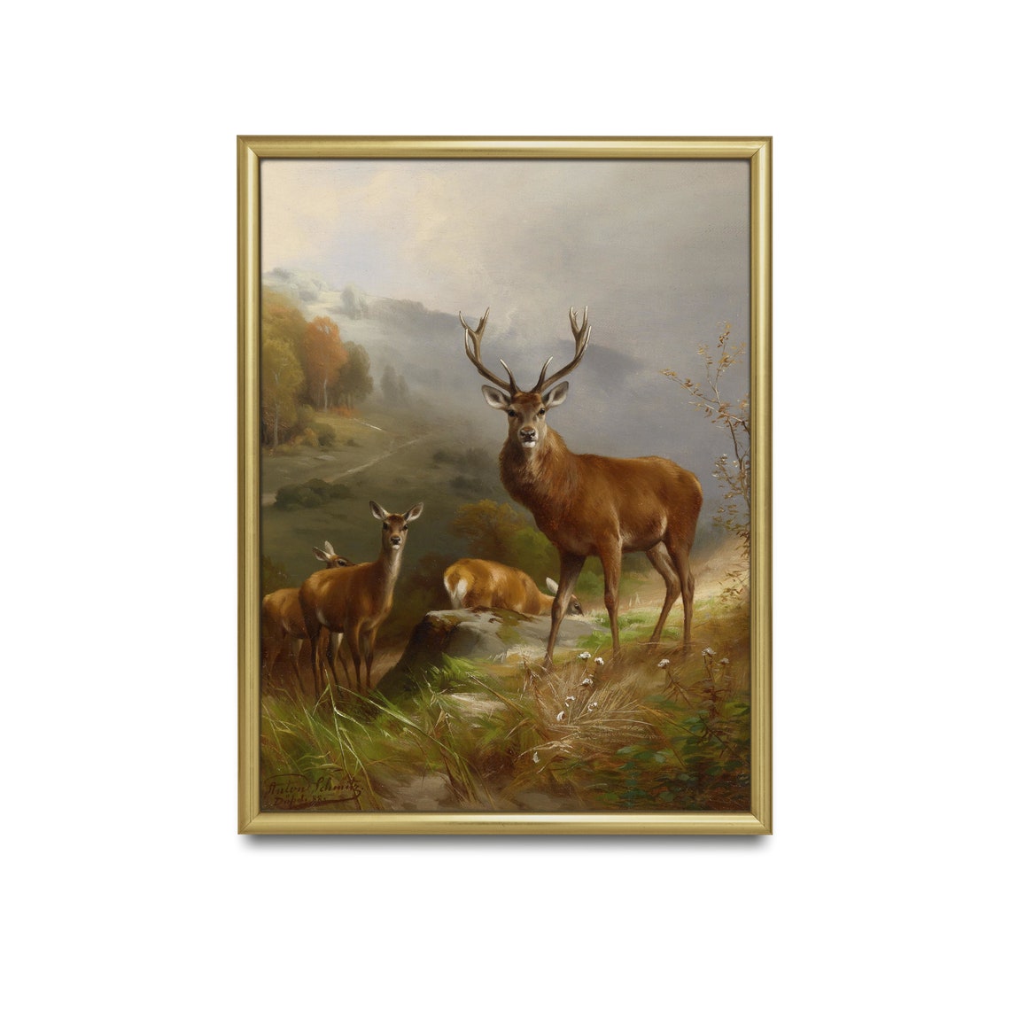 Red Deer Stag and Hinds in Highland Meadow Vintage Animal Poster - Image 2
