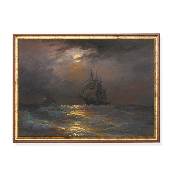 Printed And Shipped Sailboat Painting By Moonlight Moody Rustic Antique Print Seascape Vintage Art Nautical Decor Physical Print