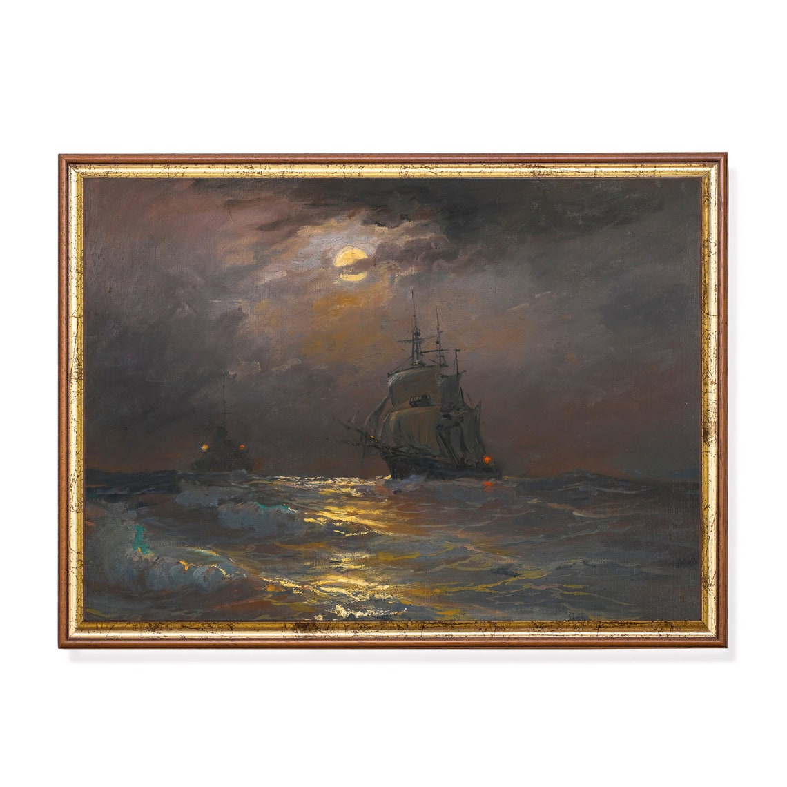 Sailing Ship Under Moonlight On Stormy Sea Vintage Nautical Poster
