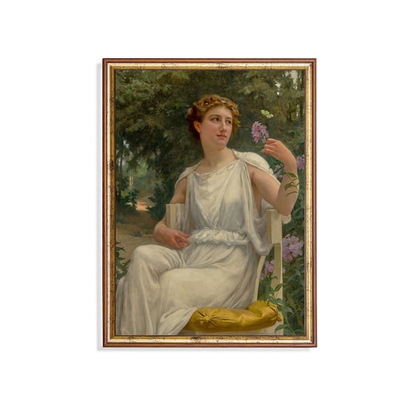 Young Woman in a White Garden Dress with a Butterfly Vintage Poster