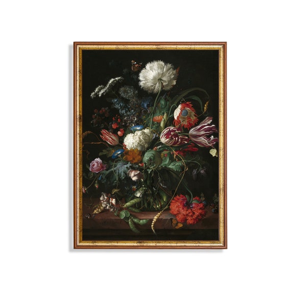 Vintage Still Life With Flowers Antique Floral Painting Moody Rustic Print Wall Art Farmhouse Decor