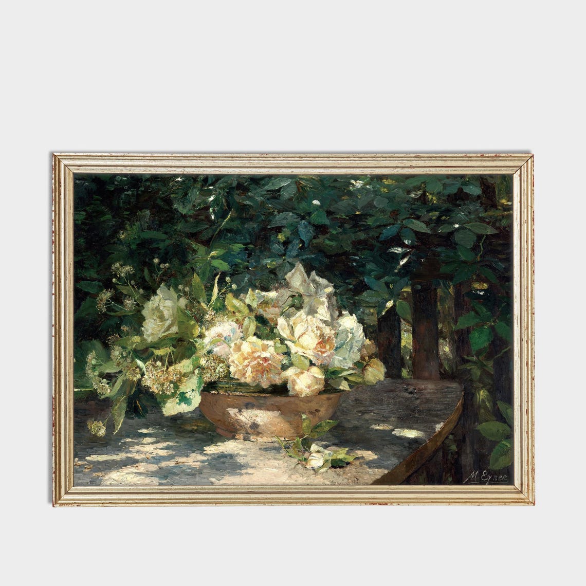 White Roses in a Bowl on a Sunlit Garden Table Still Life Poster - Image 3