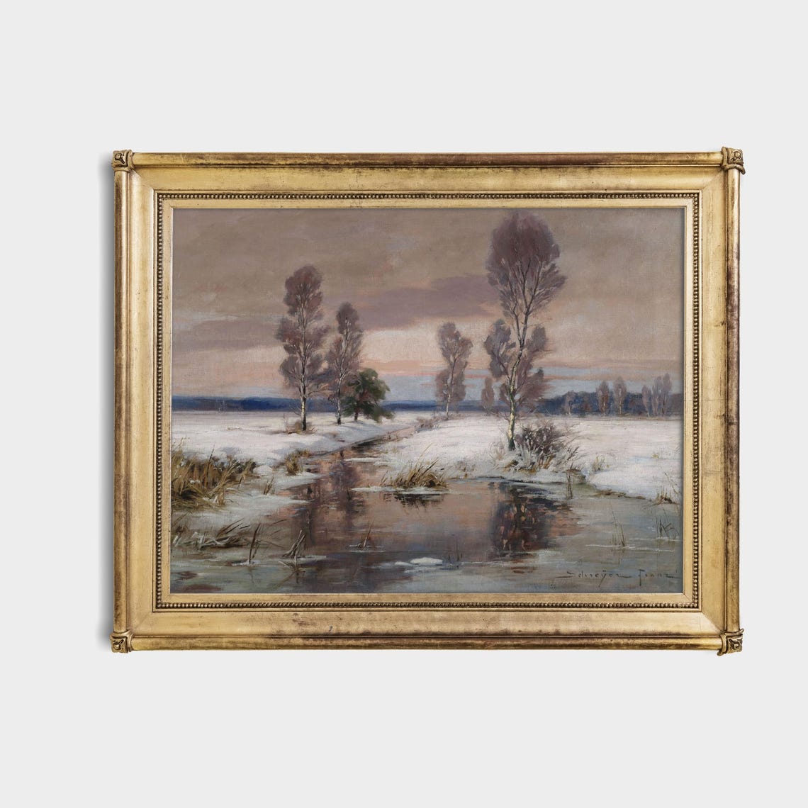 Birch Trees Snowy Stream Dusk Winter Landscape Signed Art Poster - Image 4