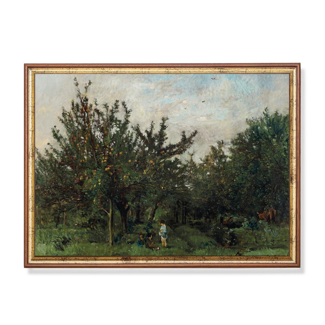 Children Picking Fruit in a Sunlit Orchard Vintage Landscape Poster
