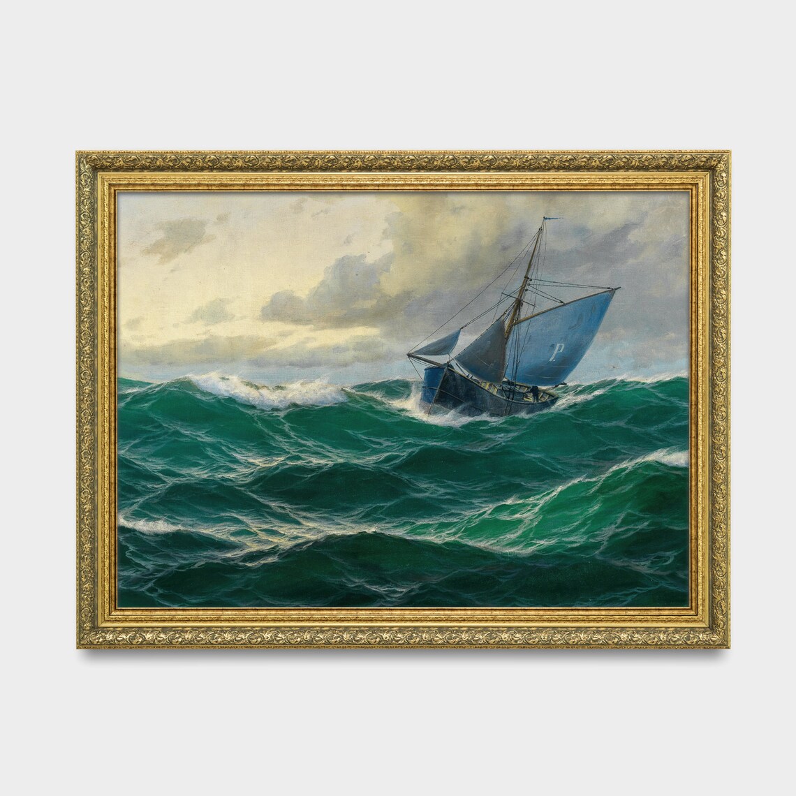 Fishing Boat With Blue Sails in Heavy Seas Vintage Marine Poster - Image 3