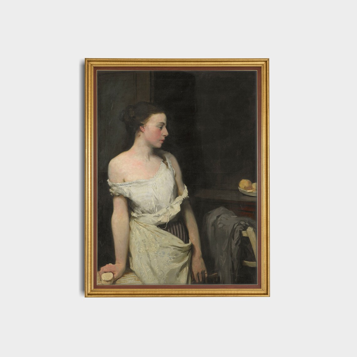 Young Woman in White Chemise Moody Antique Portrait Painting Poster - Image 3