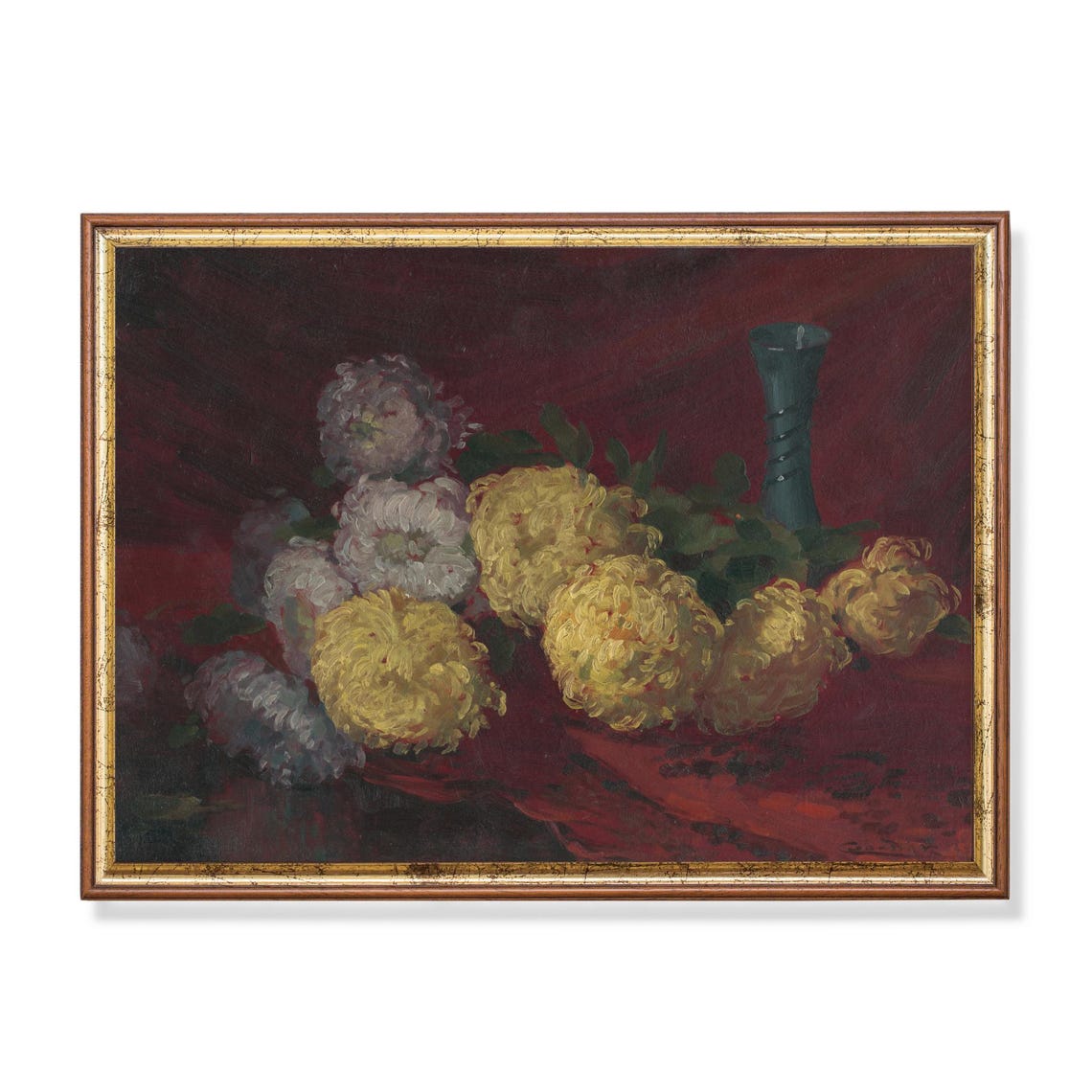 Yellow and White Chrysanthemums Still Life with Blue Vase Poster