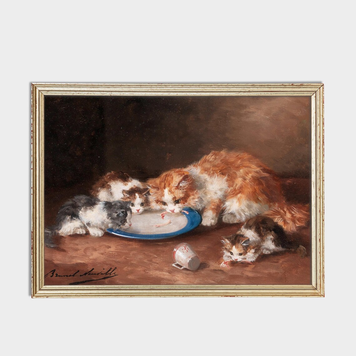 Vintage Cat Family Painting Mother Cat With Kittens Antique Wall Art - Image 2