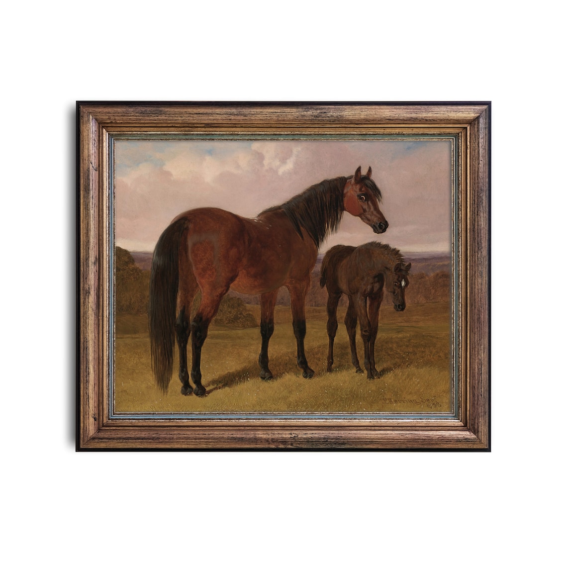 Chestnut Mare and Foal Pasture Vintage Equestrian Painting Poster - Image 2