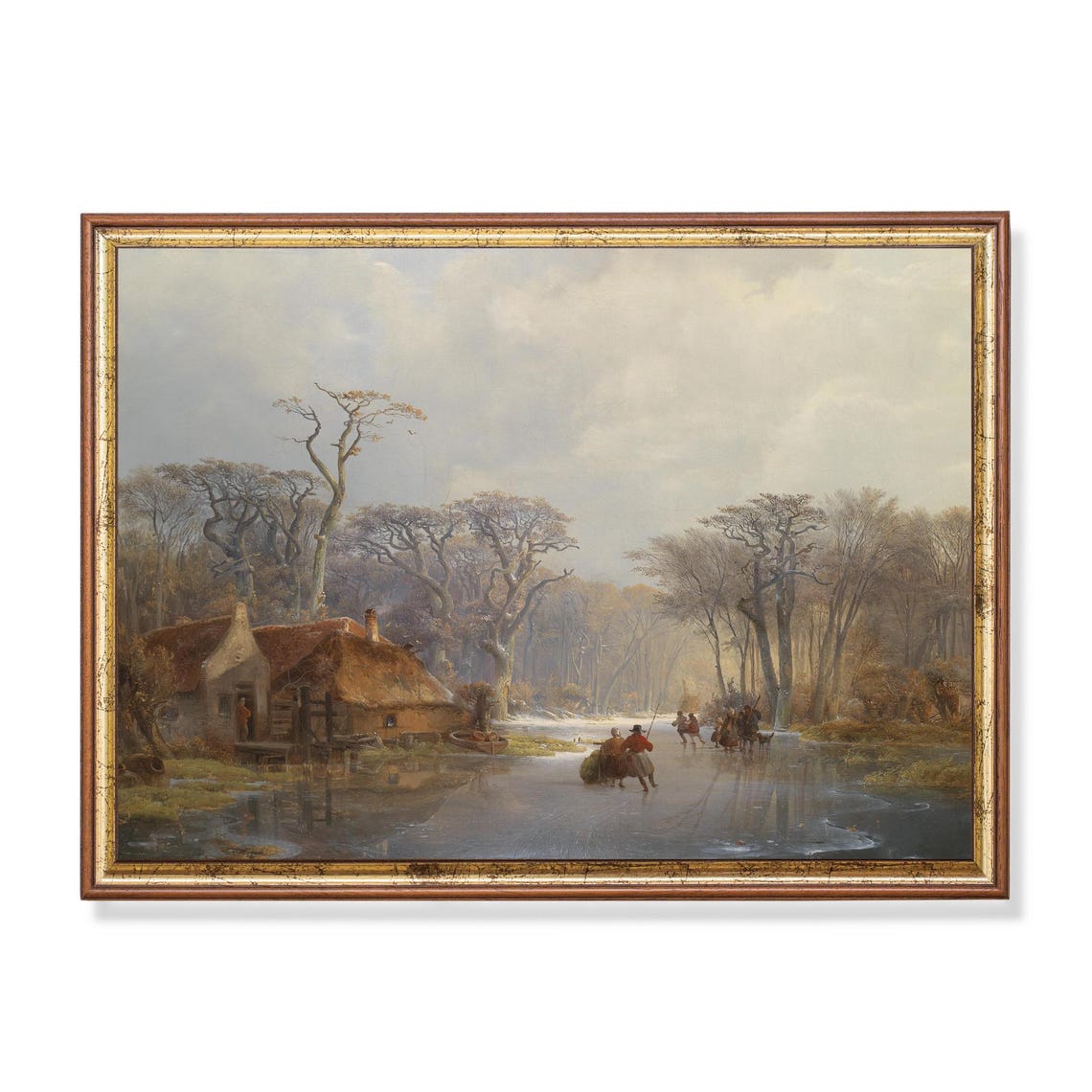 Dutch Frozen Canal Skaters Thatched Cottage Winter Art Poster