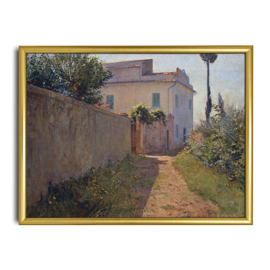 Sunlit Italian Villa Path with Stone Wall and Cypress Trees Poster