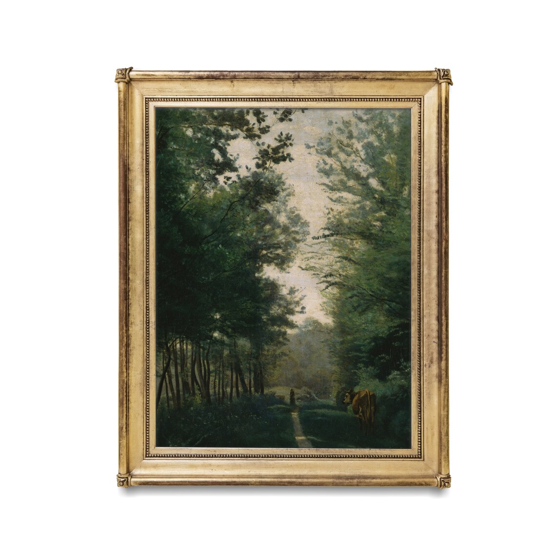 Cow and Herder on a Woodland Path Antique Forest Painting Poster - Image 2