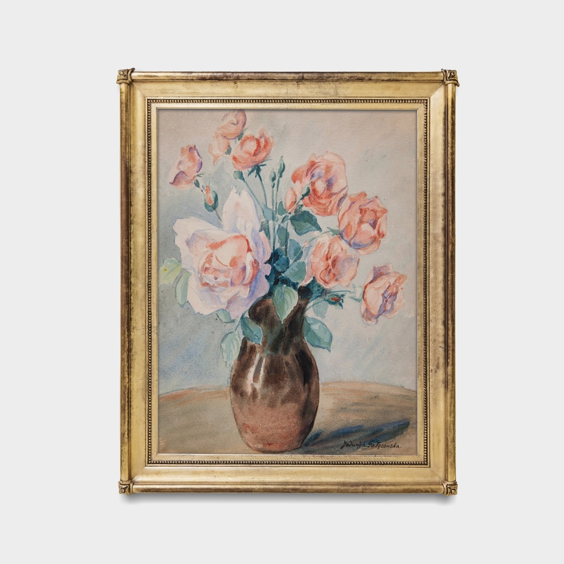 Blush Roses in Brown Vase Watercolor Floral Still Life Poster - Image 3