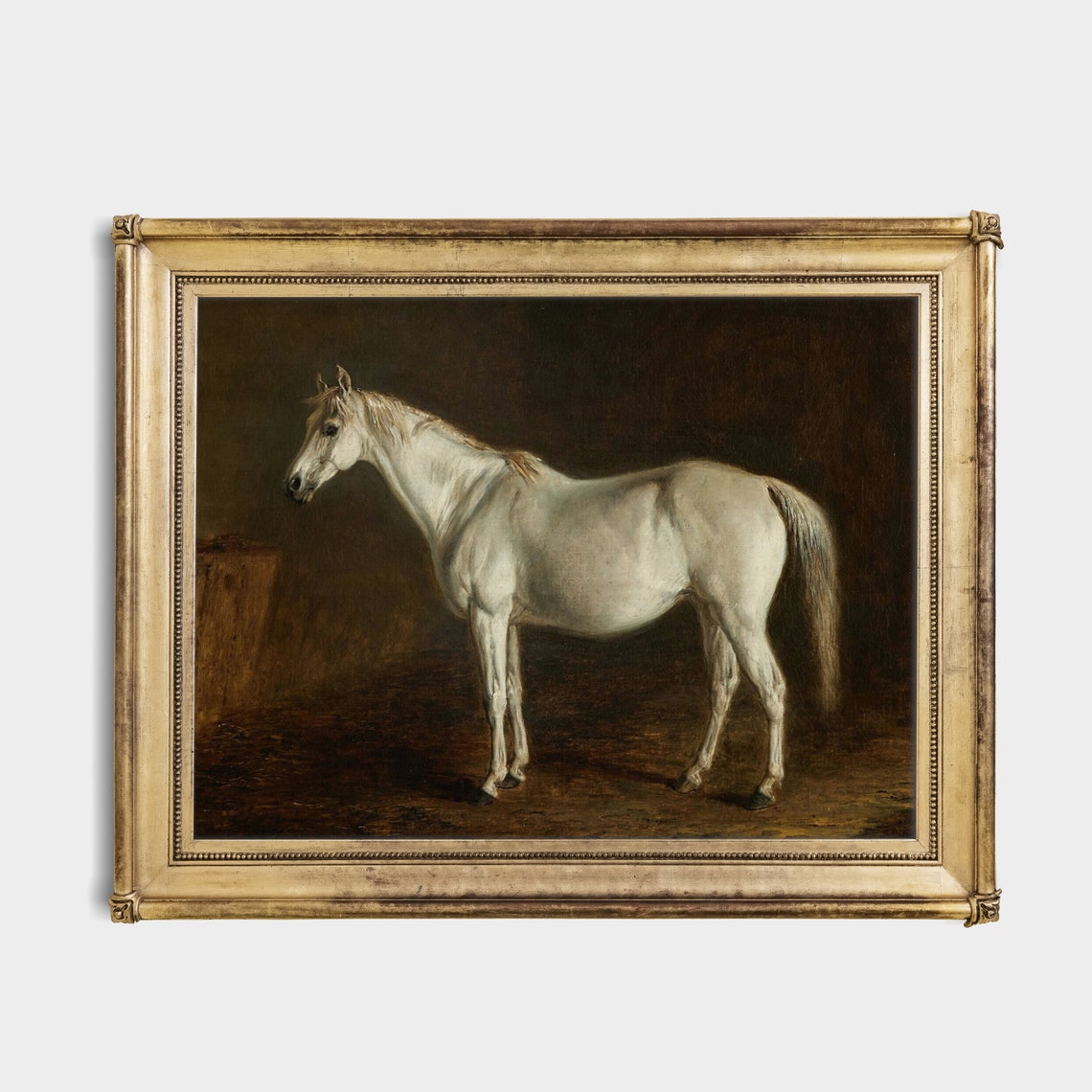 White Horse Standing in a Dark Stable Moody Vintage Oil Poster - Image 2