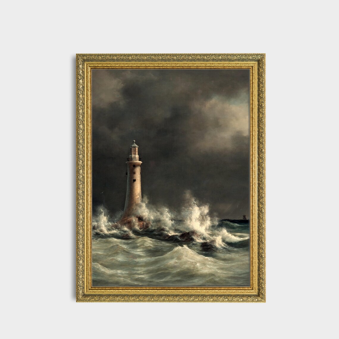 Lighthouse in a Stormy Sea Crashing Waves Vintage Oil Painting Poster - Image 3
