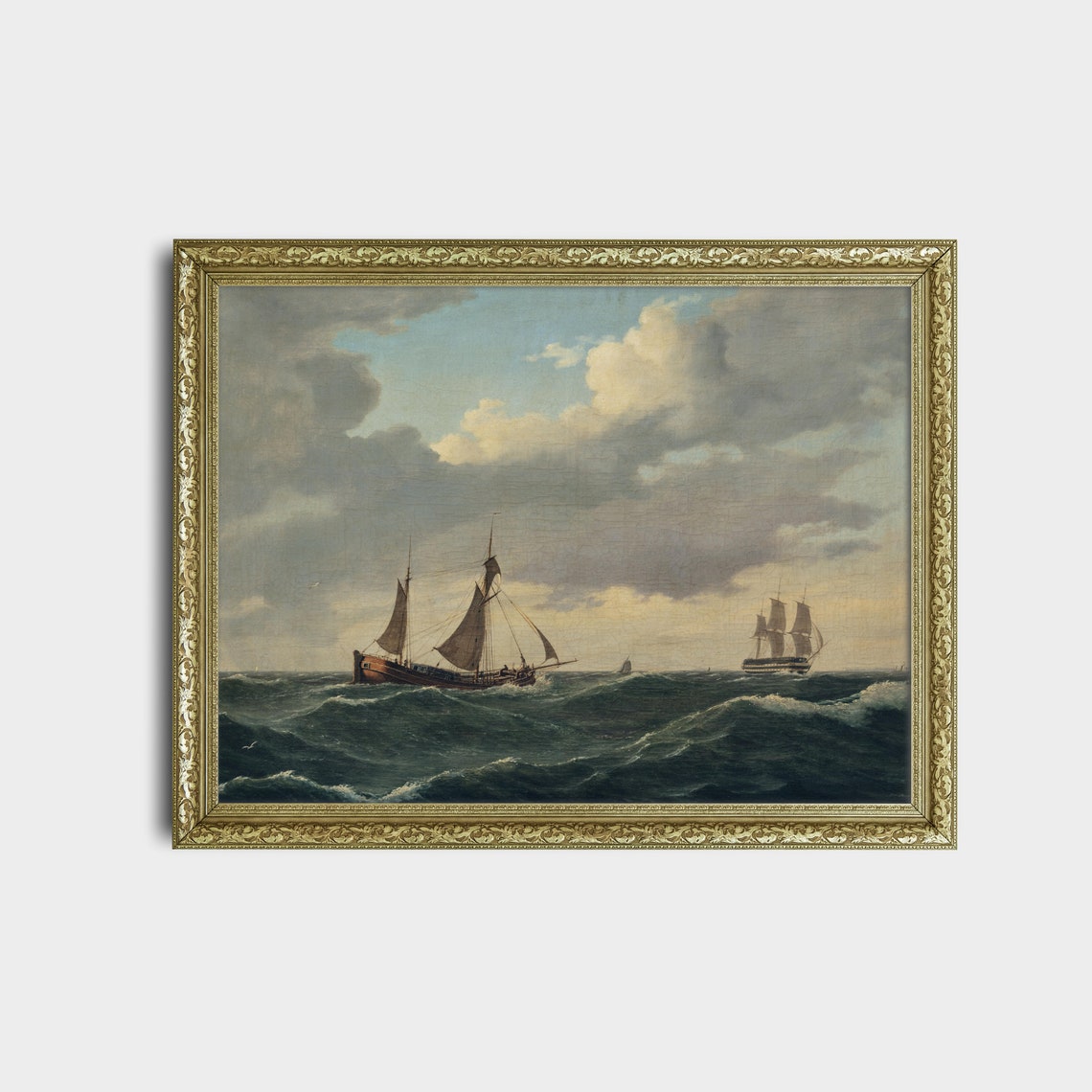 Sailing Ships on Dark Rolling Waves Vintage Marine Painting Poster - Image 2