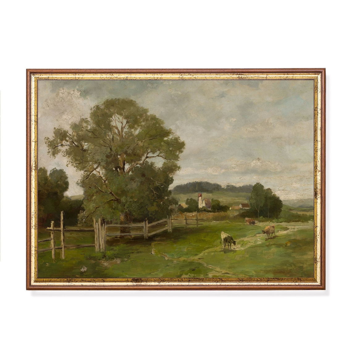 Cows Grazing by a Farmhouse Antique Pastoral Country Painting Poster