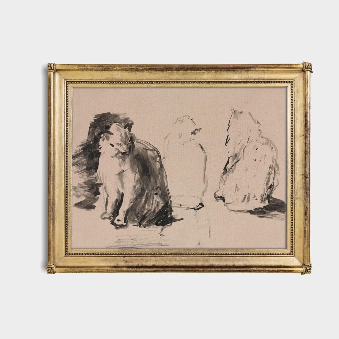 Ink Wash Sketch Study of Two Seated Cats Feline Drawing Poster - Image 4