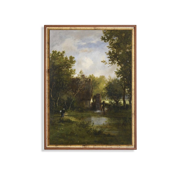 Print And Ship Vintage Landscape Painting Antique Watermill Print Mailed Art Farmhouse Decor 19th Century Moody Rustic Art