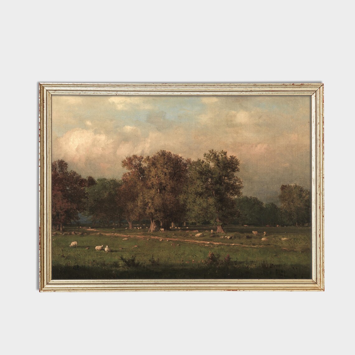 Sheep Grazing Under Sunset Clouds Vintage Pastoral Landscape Poster - Image 2
