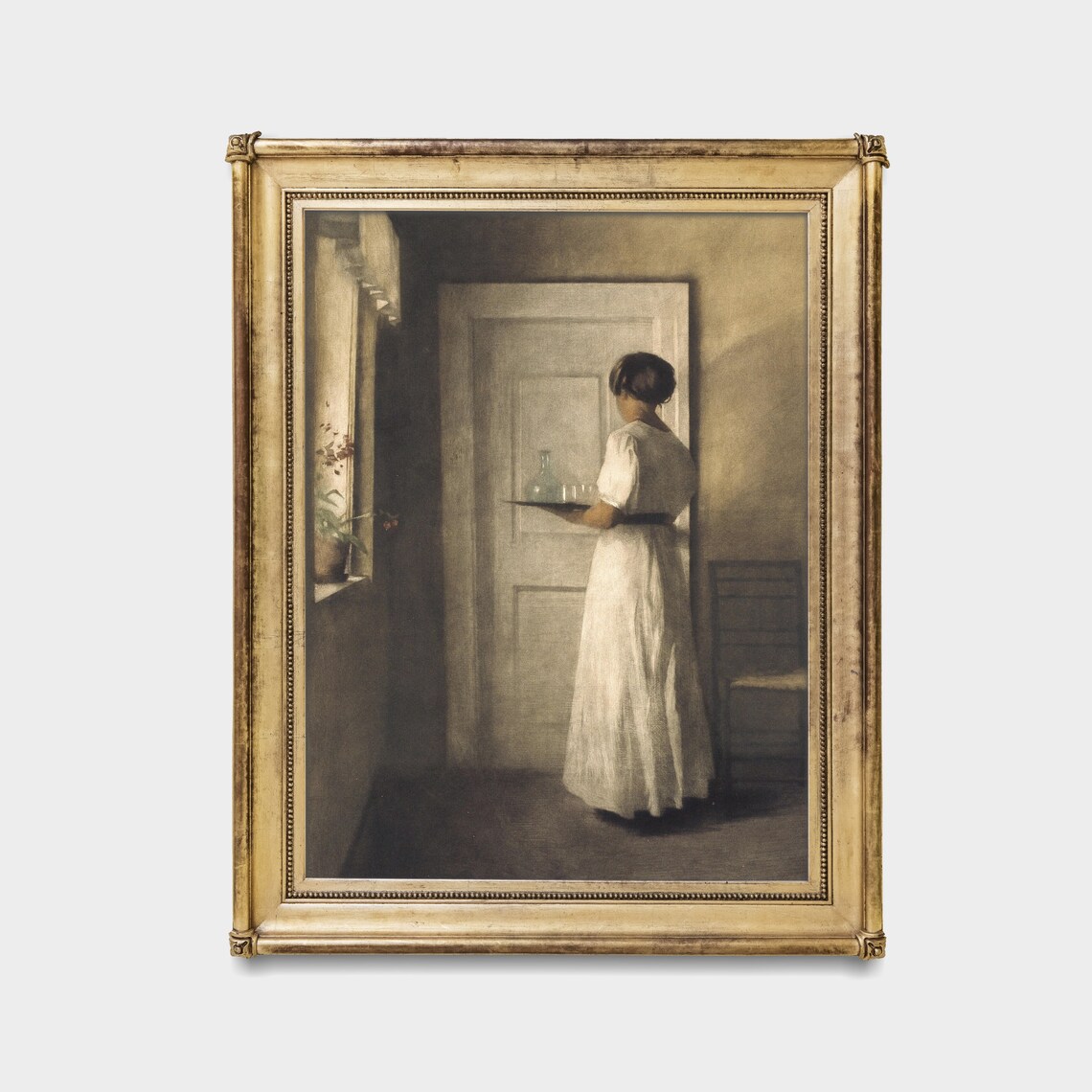 Woman With Tray By Door Danish Interior Muted Antique Painting Poster - Image 4