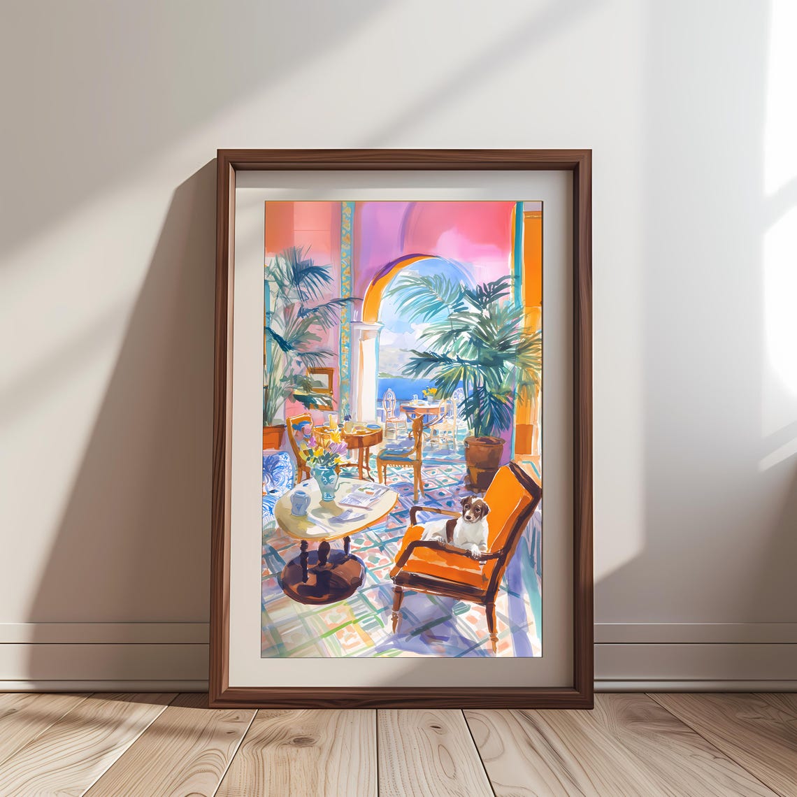 Jack Russell Dog on Orange Chair Coastal Terrace Style Art Poster
