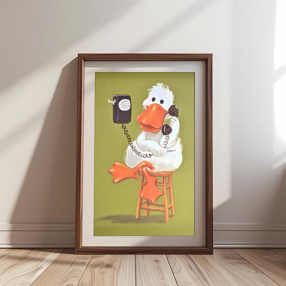 Funny Duck Poster Whimsical Animal Art Retro Phone Illustration Quirky Kitchen Decor Unique Gift For Friend