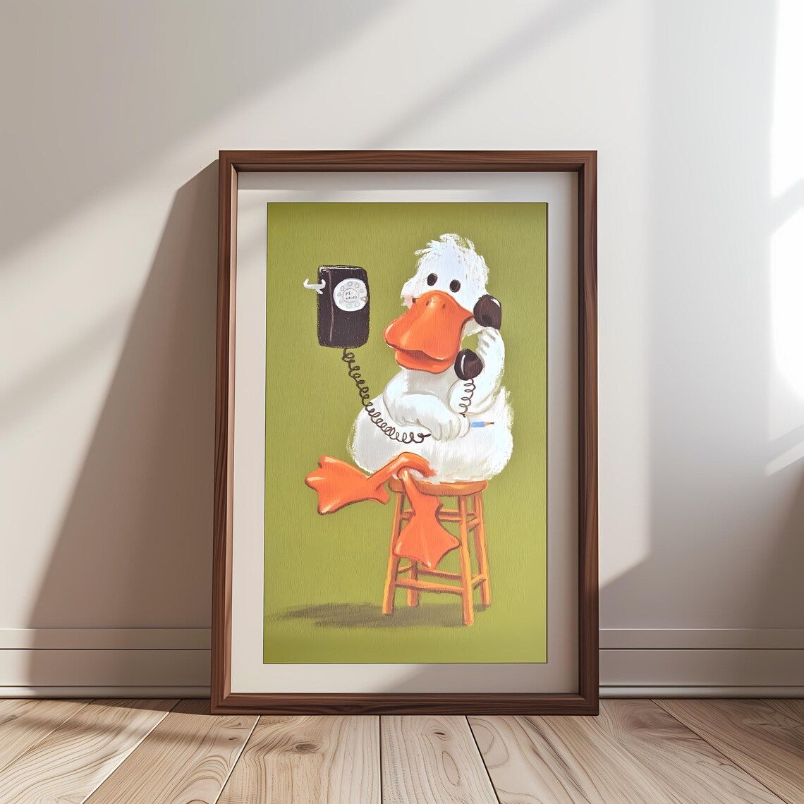 Funny Duck on Vintage Rotary Phone Stool Quirky Animal Decor Poster