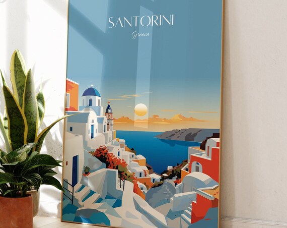 Santorini Greece Sunset Village White Domes Aegean Sea Travel Poster
