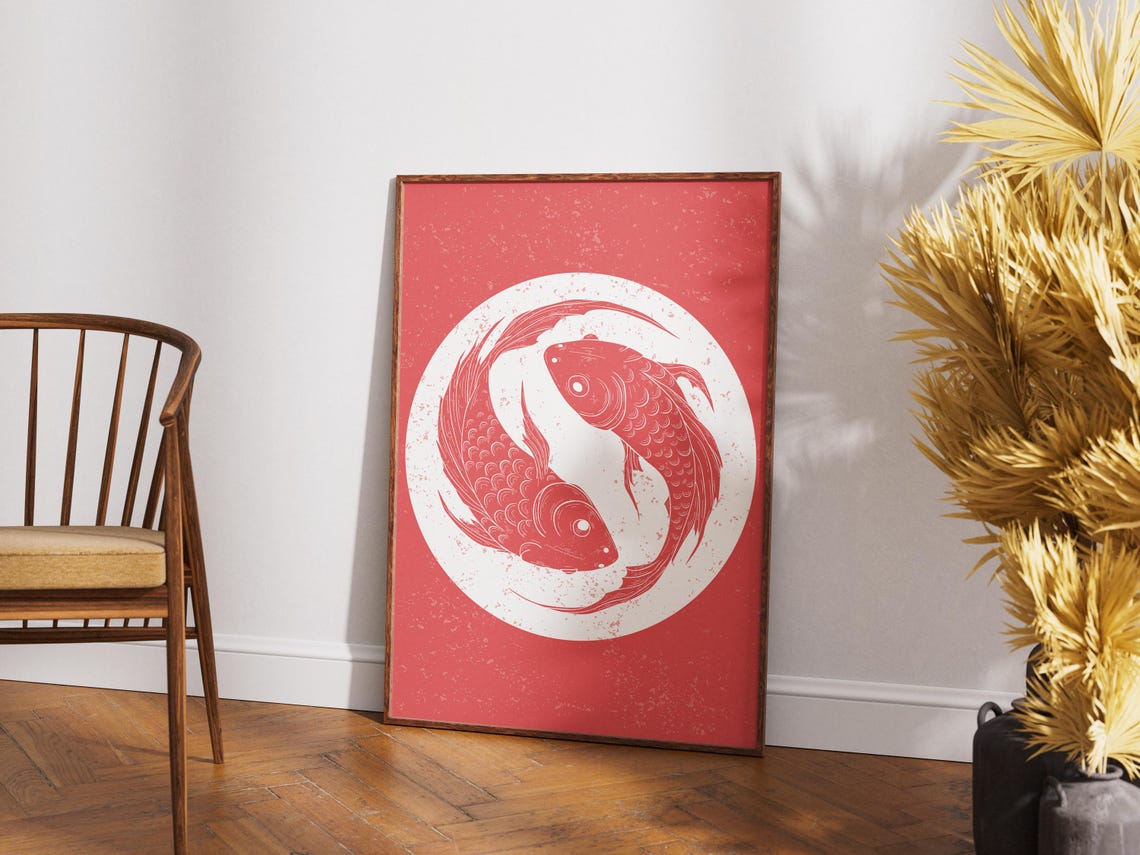 Red Koi Fish Yin Yang Style Circle Japanese Retro Aesthetic Art Poster - Image 4