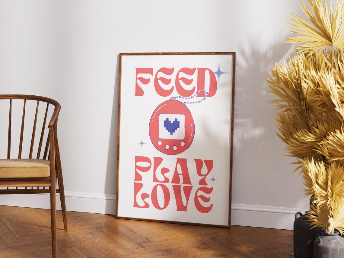 Red Retro Digital Pet Tamagotchi Feed Play Love 90s Nostalgia Poster - Image 3