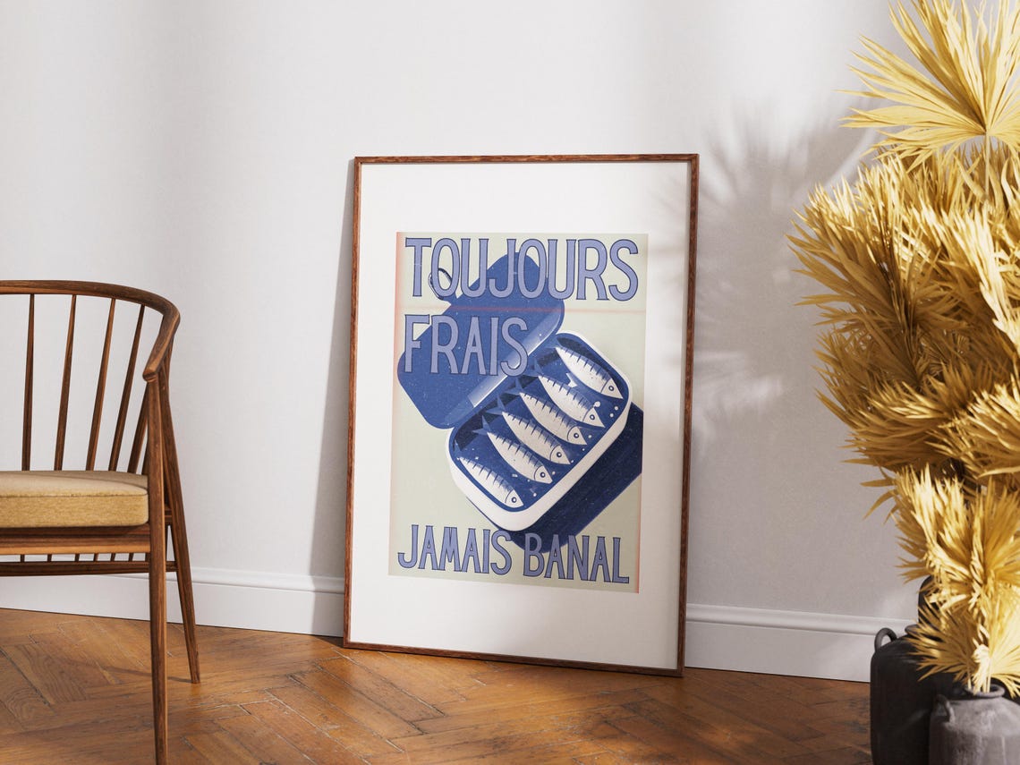 French Vintage Sardines Tin Toujours Frais Retro Blue Kitchen Wall Art - Image 3