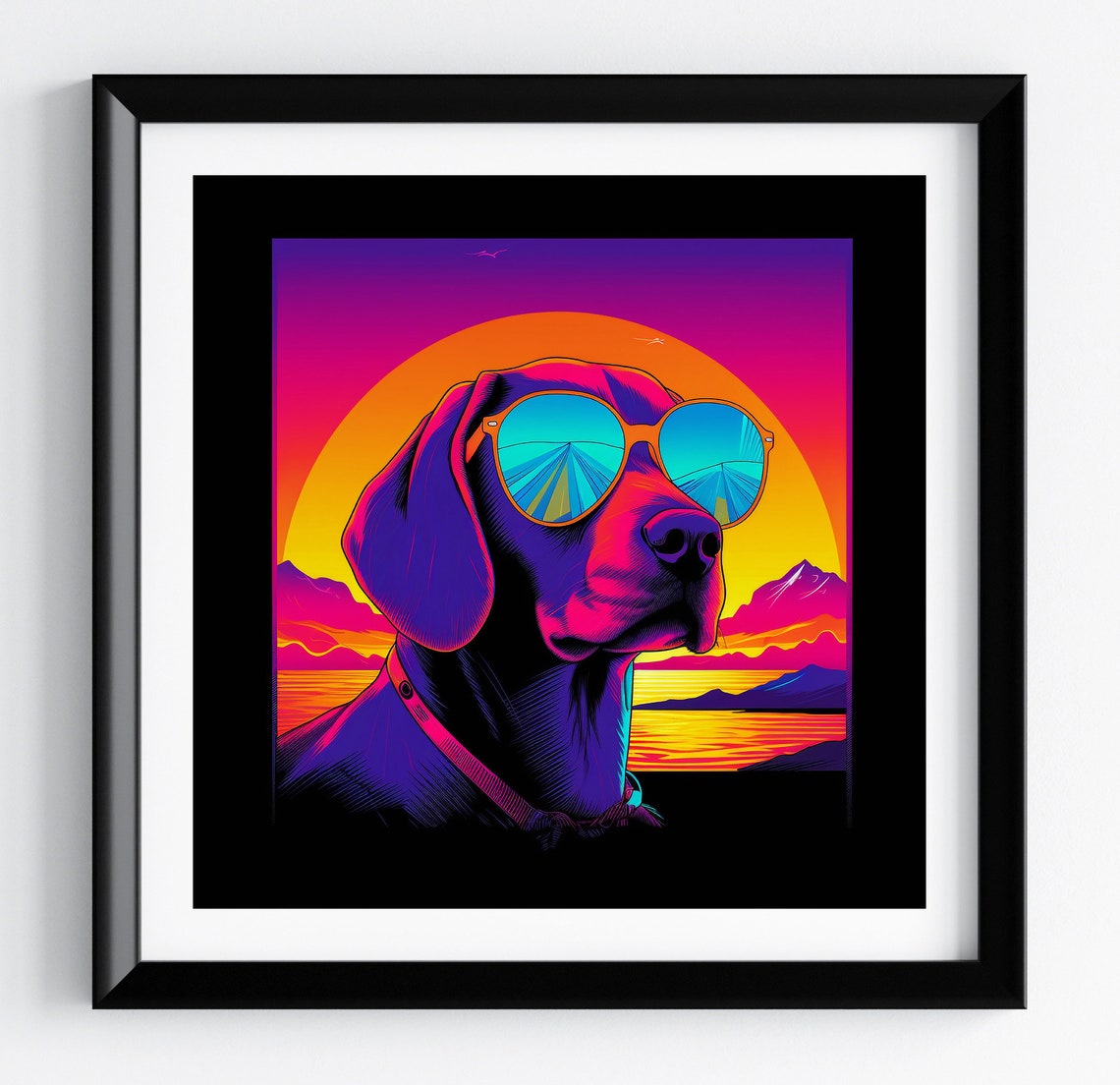 Beagle Neon Orange Sun Mountain Fun Retro Dog Portrait Poster