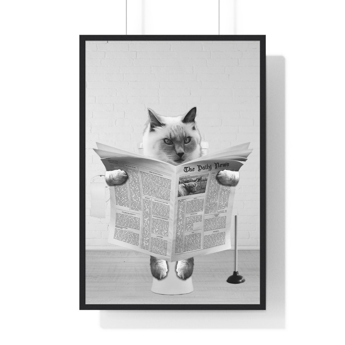 Siamese Cat Reading Newspaper on Toilet Humorous Bathroom Poster