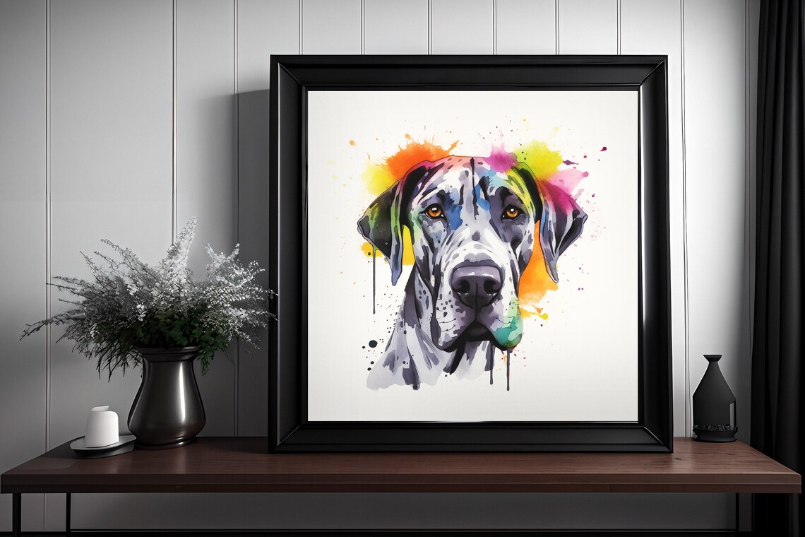 Harlequin Great Dane Watercolor Splatter Portrait Dog Poster