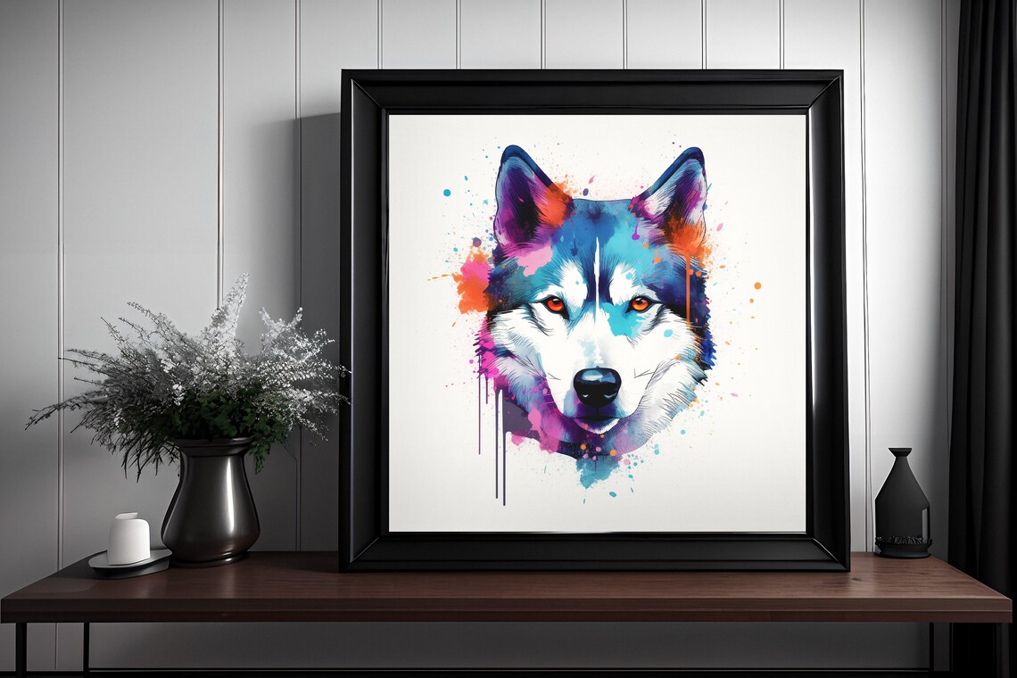 Vivid Siberian Husky Watercolor Splatter Portrait Blue Dog Poster