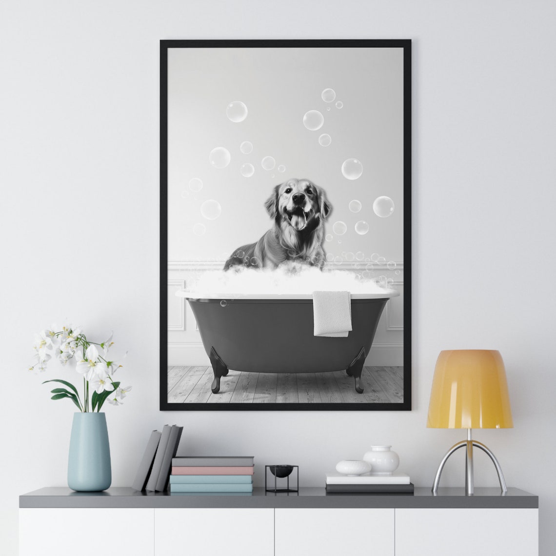 Golden Retriever In Bubble Bath Clawfoot Tub Funny Bathroom Poster - Image 2