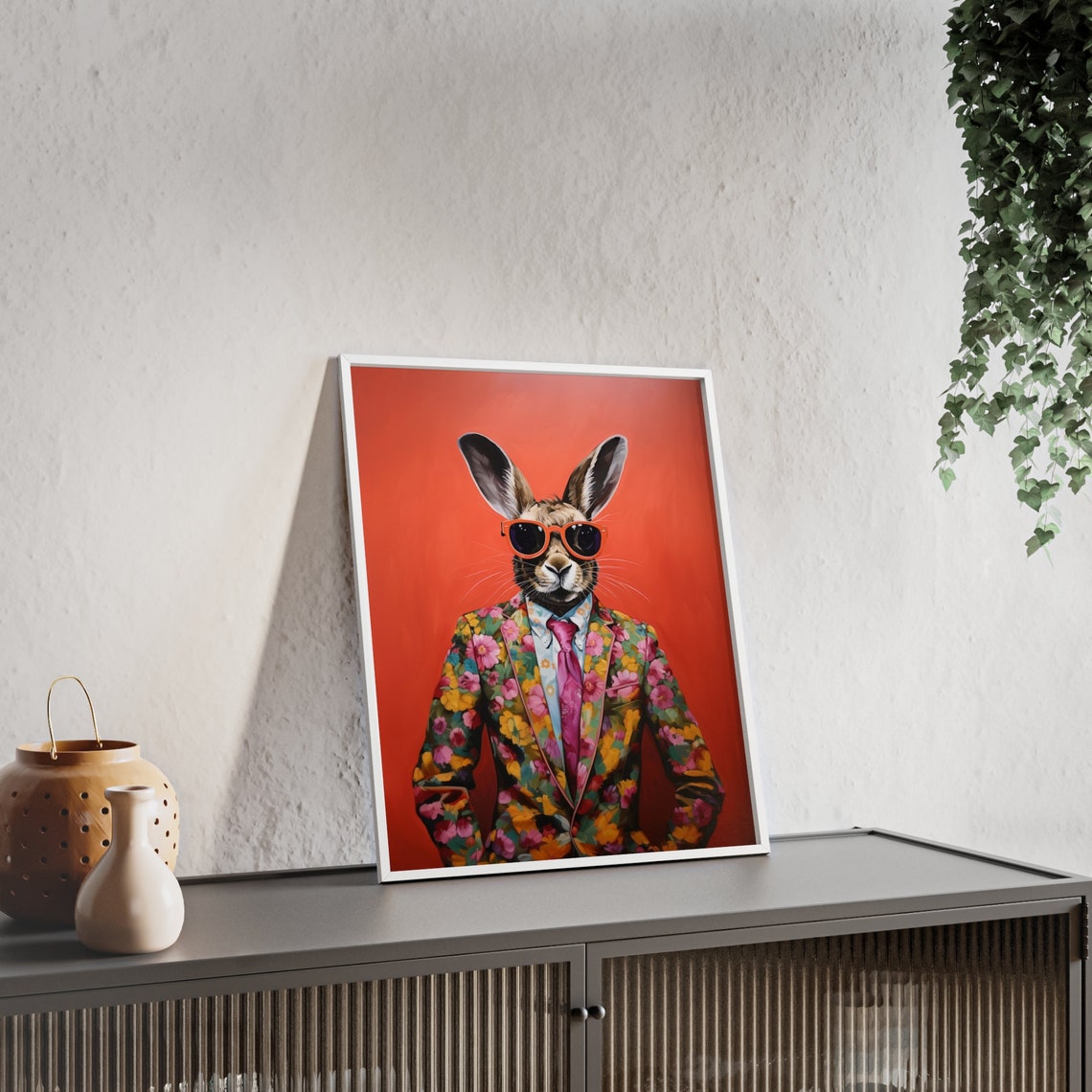 Bunny Rabbit in Orange Sunglasses and Floral Blazer Portrait Poster - Image 2