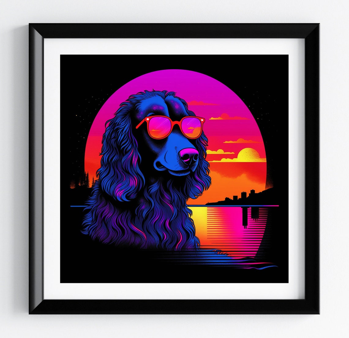 Water Spaniel Neon Ocean Skyline Sunglasses Retro Dog Poster