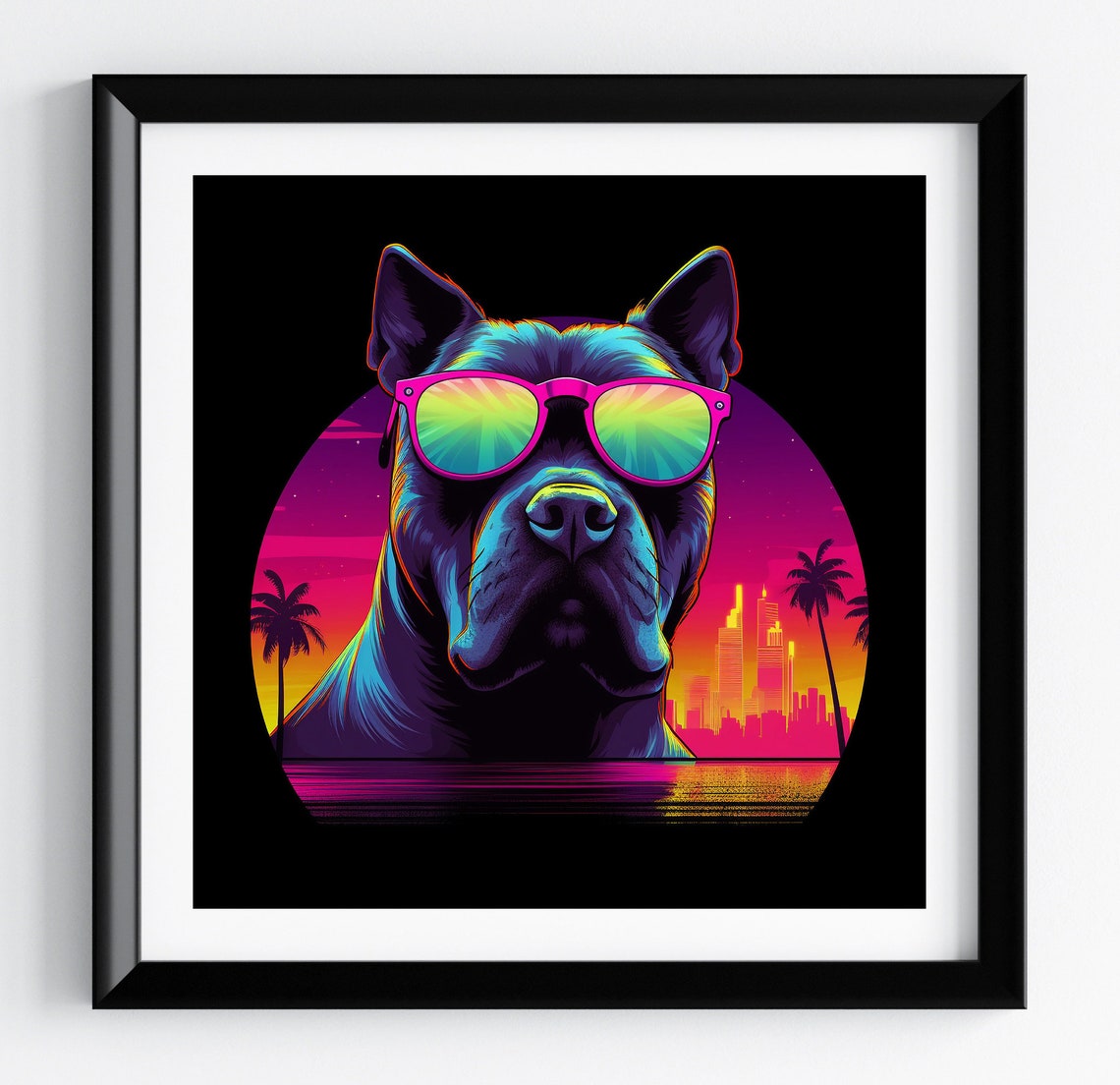 Cane Corso Neon City Skyline Palm Cool Fun Dog Portrait Poster