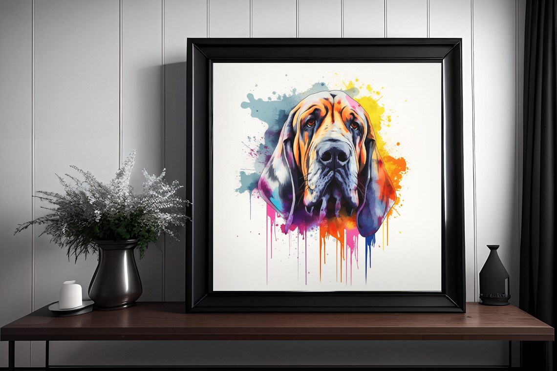 Vibrant Bloodhound Watercolor Splatter Dog Portrait Poster Art