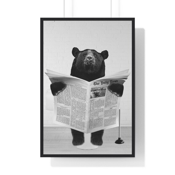 Black Bear Reading Newspaper While Sitting On Toilet Funny Poster