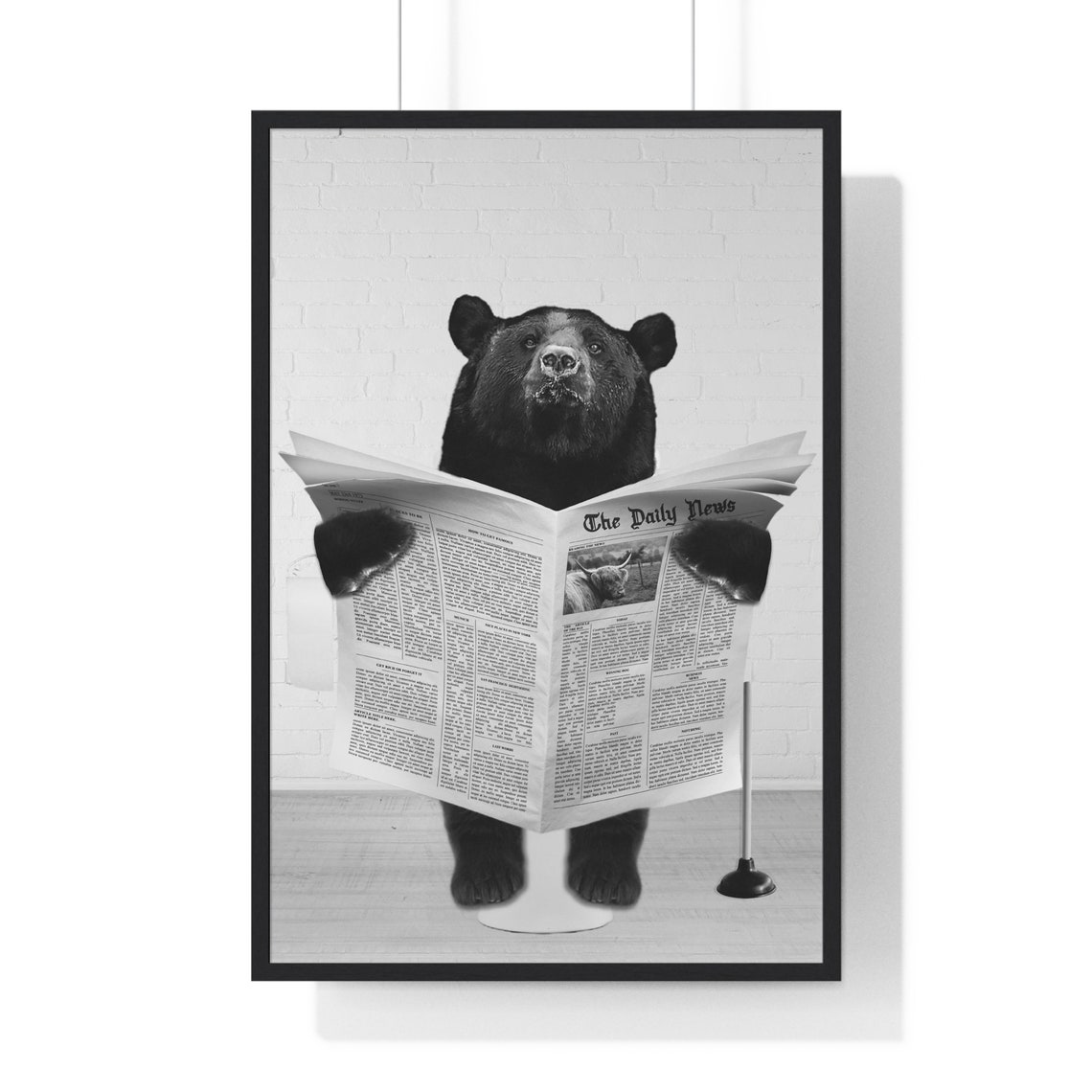 Black Bear Reading Newspaper While Sitting On Toilet Funny Poster