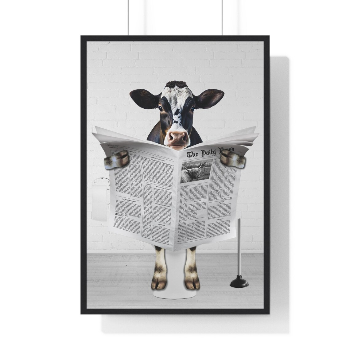Dairy Cow Reading the News on the Toilet Funny Bathroom Poster