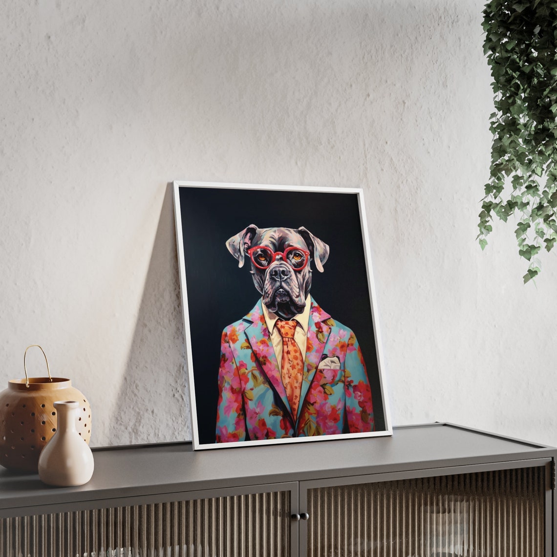 Cane Corso in Red Glasses and Turquoise Floral Blazer Poster - Image 2